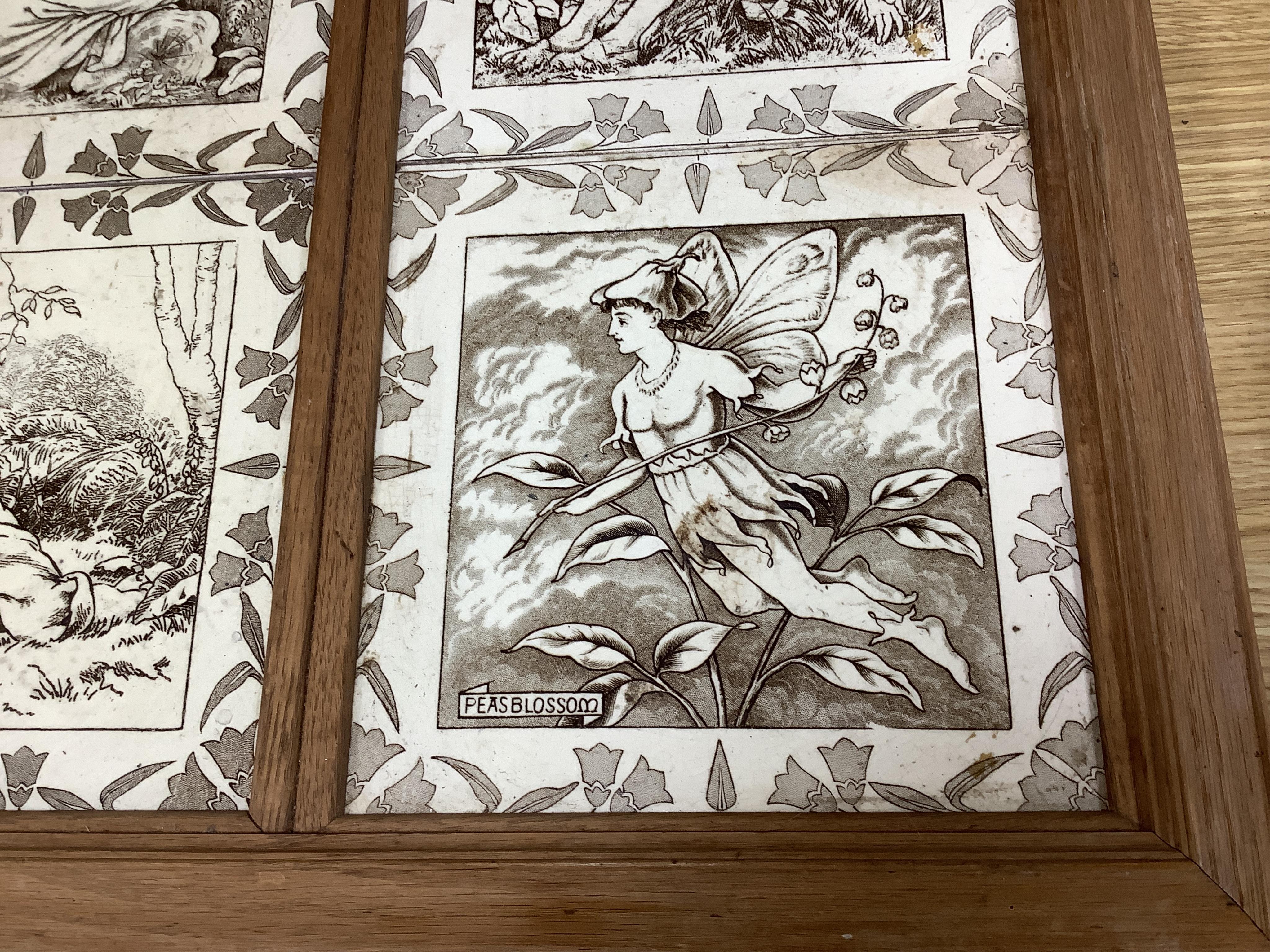 A set of six Wedgwood Midsummer Night’s Dream tiles, framed as one: Titania, Helena, Oberon, Bottom, Lysander and Peas Blossom, overall 48 x 73cm